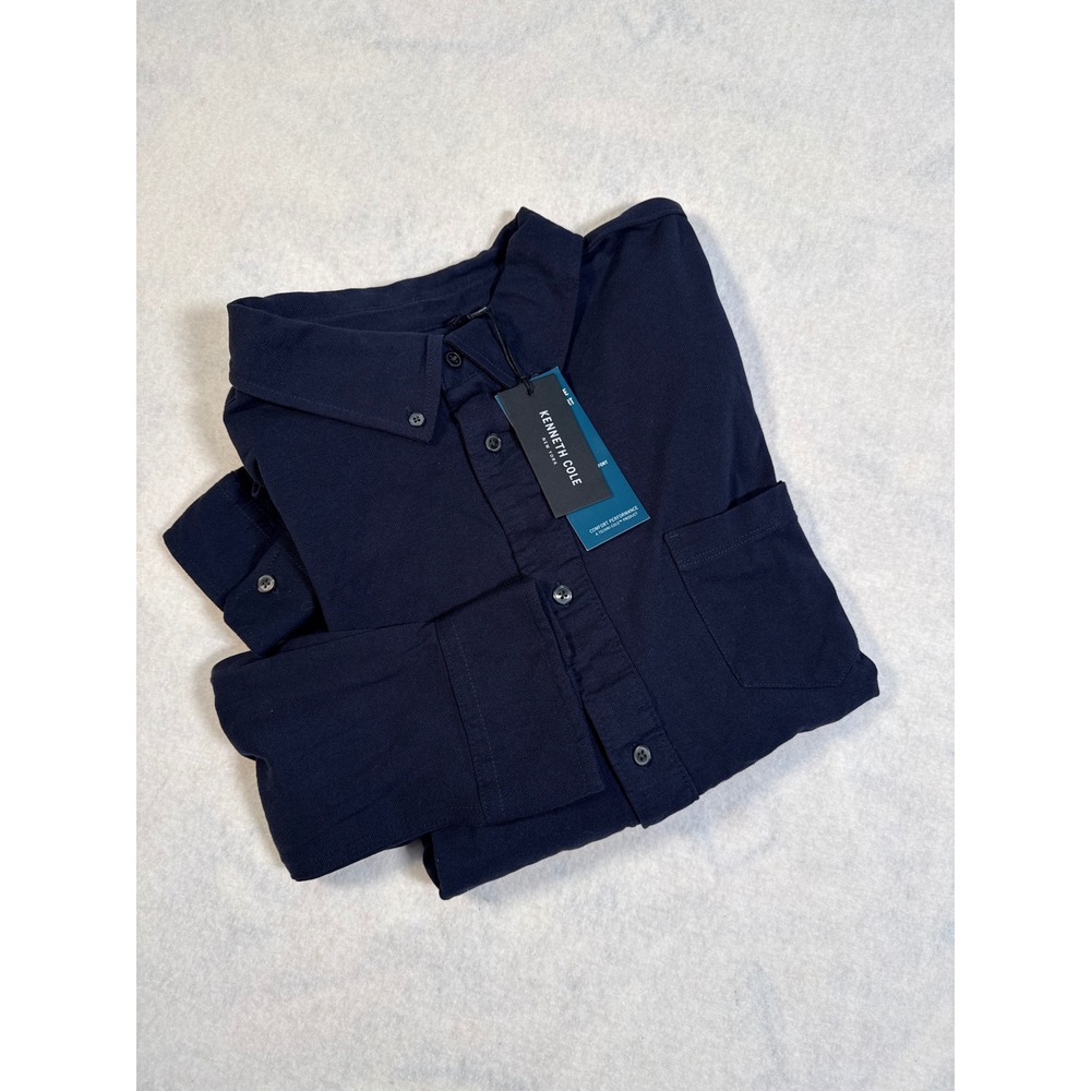 Kenneth Cole New York Mens XL 100% cotton Navy Blue Pique Button Down Shirt NWT